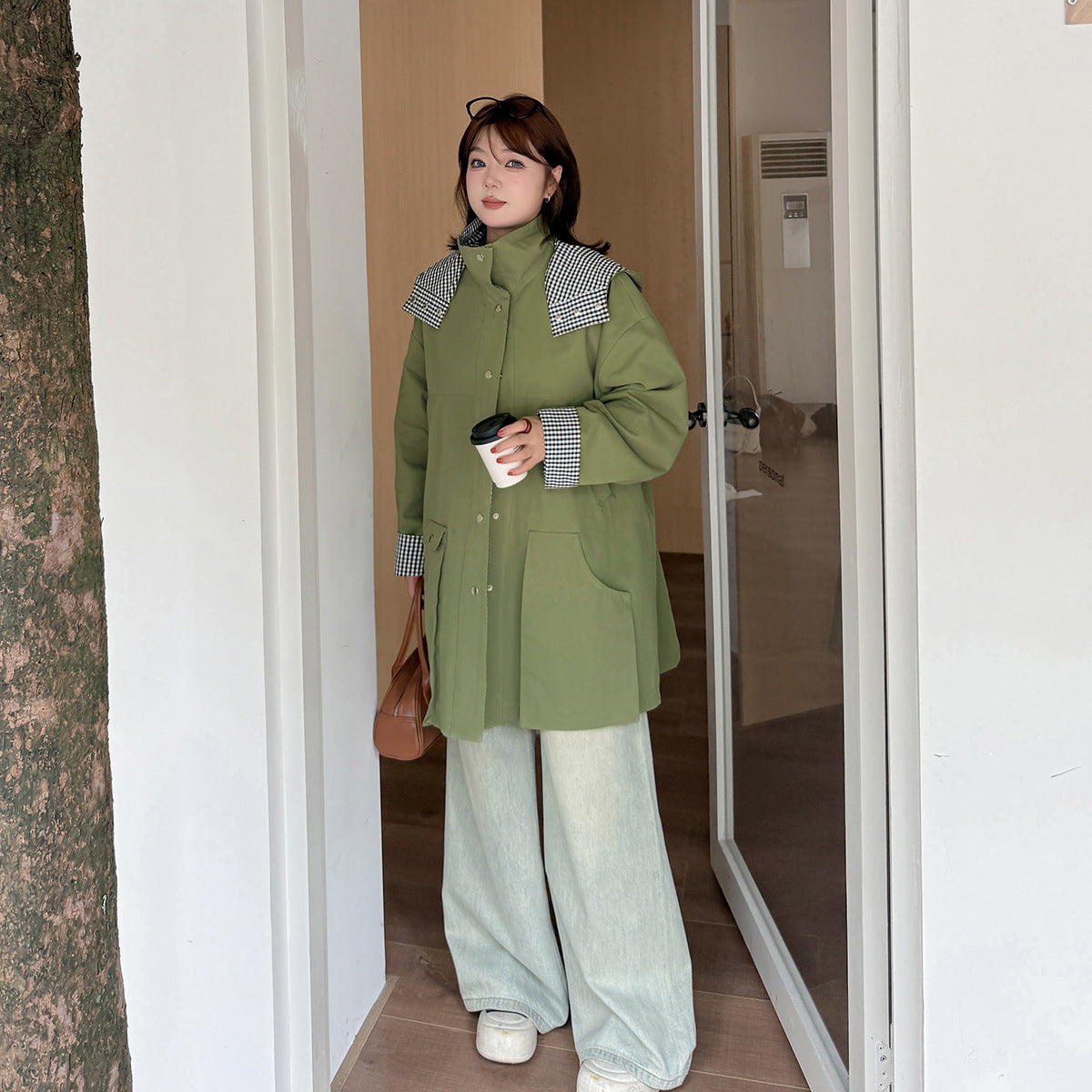 大きいサイズ レディース フード付き裏地チェック柄オーバーサイズカジュアルジャケット 3L 5L