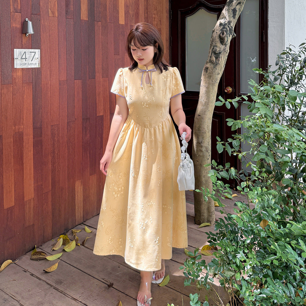 大きいサイズ レディース ビーズコントラストリボンチャイナ風小花柄ワンピース LL 3L 4L 5L