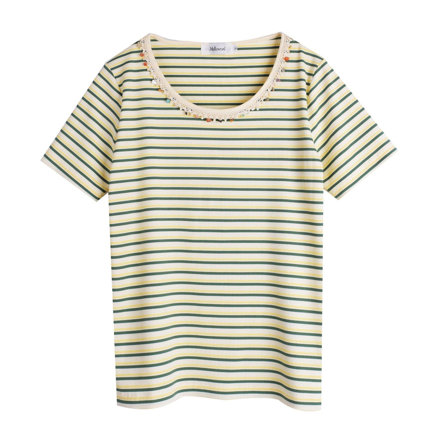 大きいサイズ レディース クルーネックストーン飾りストライプ半袖Tシャツ LL 3L 4L 5L