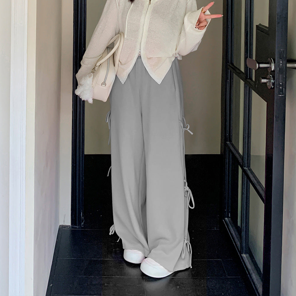 大きいサイズ レディース リボンレースアップニットワイドパンツ LL 3L 4L 5L