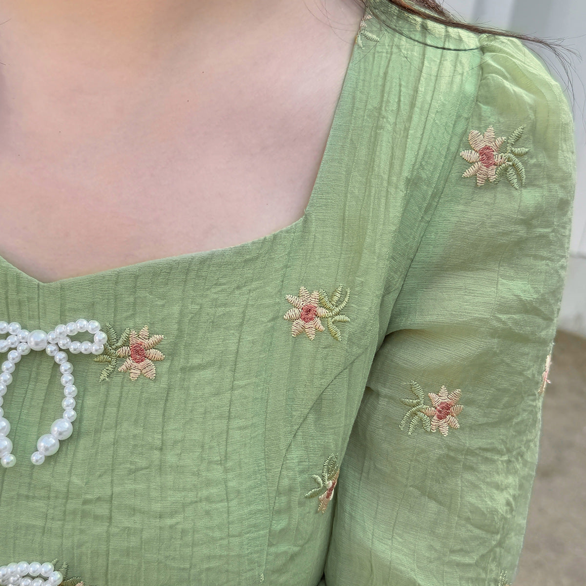 大きいサイズ レディース ビーズリボン付きスクエアネック花柄刺繍ワンピース LL 3L 4L 5L