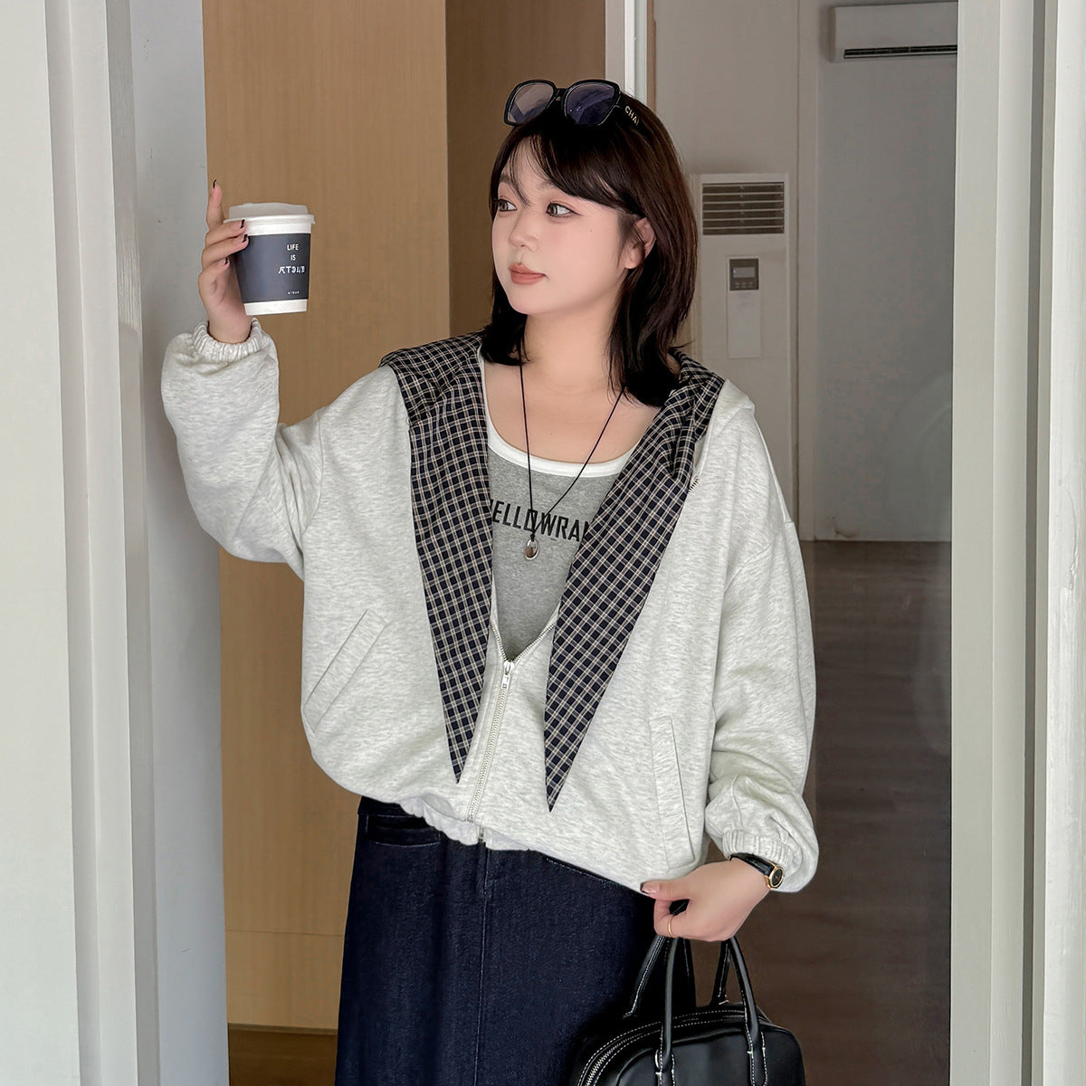大きいサイズ レディース チェック柄リボンカジュアルパーカージャケット LL 3L 4L 5L
