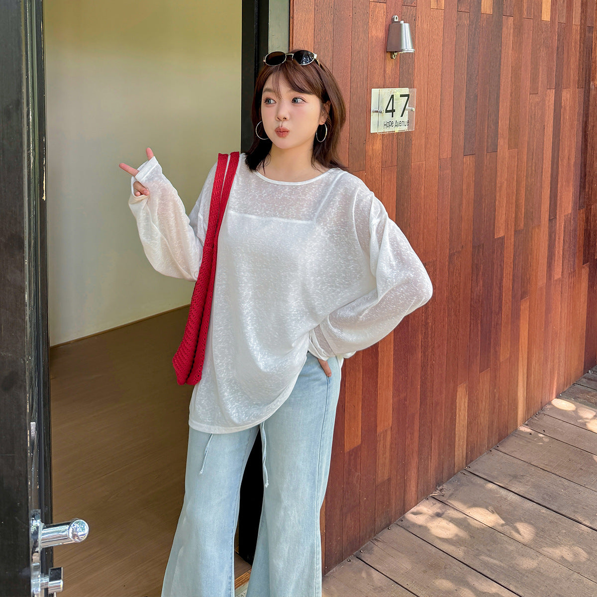 大きいサイズ レディース リボンレースパネルスラブニットルーズシャツ 3L 4L 5L