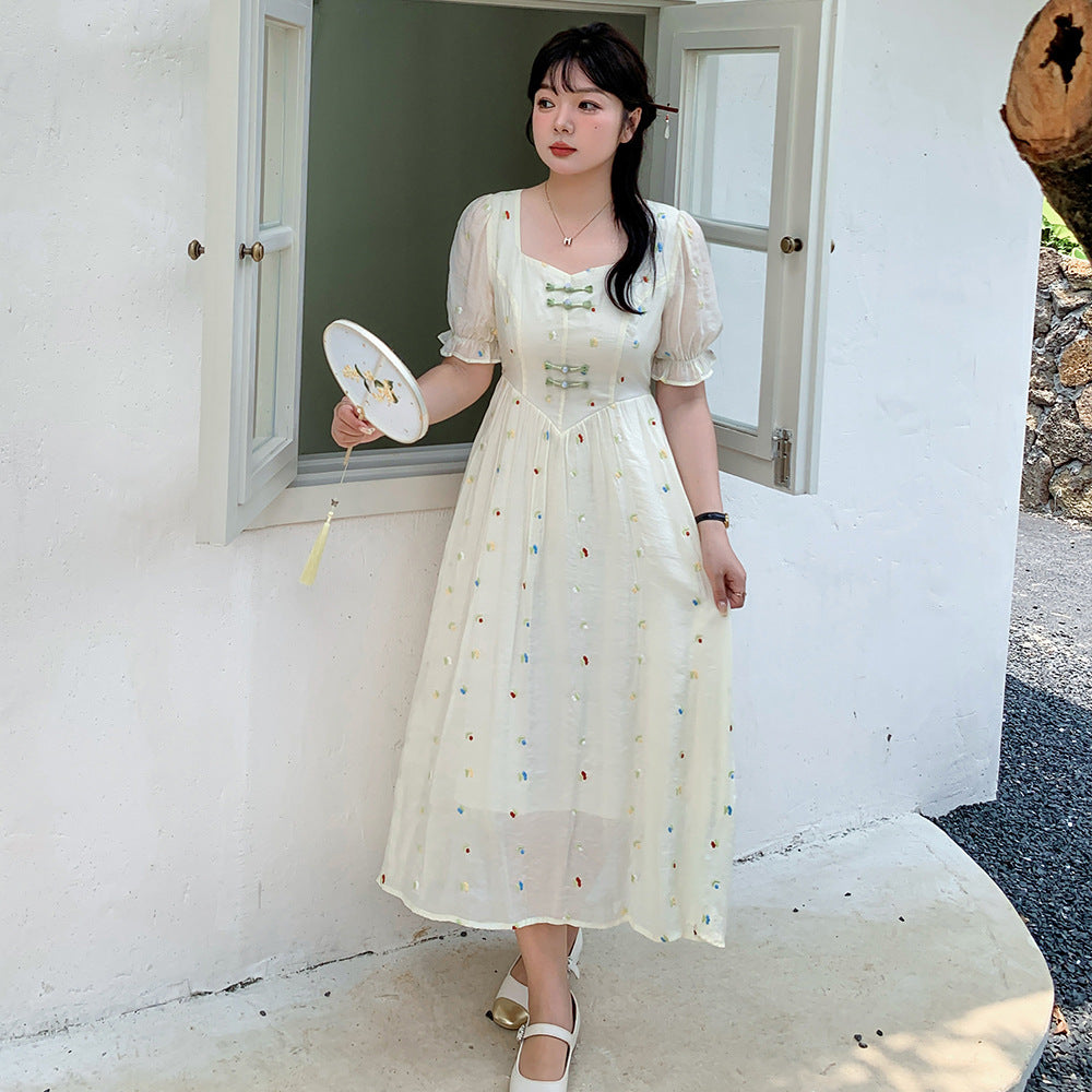 大きいサイズ レディース フレンチスクエアネックのフラワー刺繍ワンピース LL 3L 4L 5L