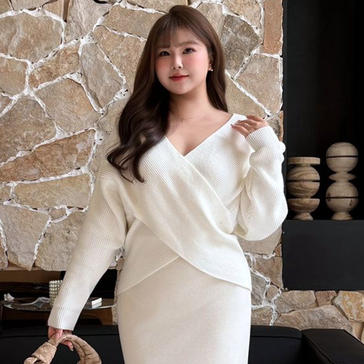 大きいサイズ レディース クロスオーバーVネックエレガントスリーピース(セーター+スカート+ショール) L LL 3L 4L F フリーサイズ