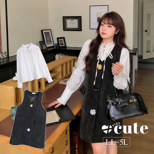 大きいサイズ レディース リボンフレンチシャツ+フラワーボタンサスペンダーワンピース2点セット LL 3L 4L 5L