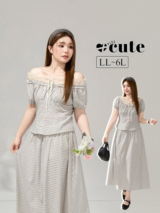 大きいサイズ レディース レースフリルオフショルチェックセットアップ LL 3L 4L 5L 6L