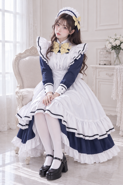大きいサイズ レディース フリルエプロン付きロングメイド服コスチューム LL 3L 4L 5L 6L