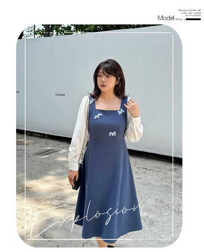 大きいサイズ レディース リボン付きスクエアネックドッキングワンピース LL 3L 4L 5L