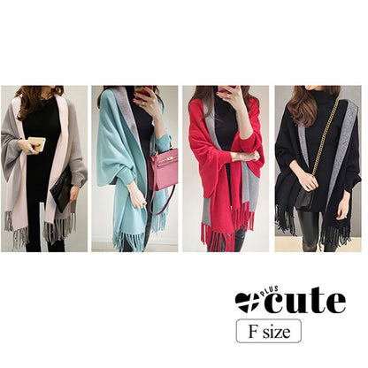 大きいサイズ レディース 袖付き着るニットフリンジストール F フリーサイズ