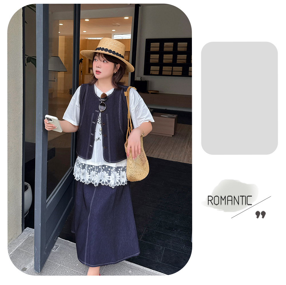 大きいサイズ レディース セットアップ（フェイクデニムステッチベスト＋スカート） LL 3L 4L 5L