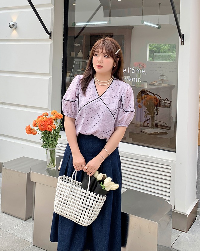 大きいサイズ レディース フレンチVネック水玉模様シースルートップス LL 3L 4L 5L
