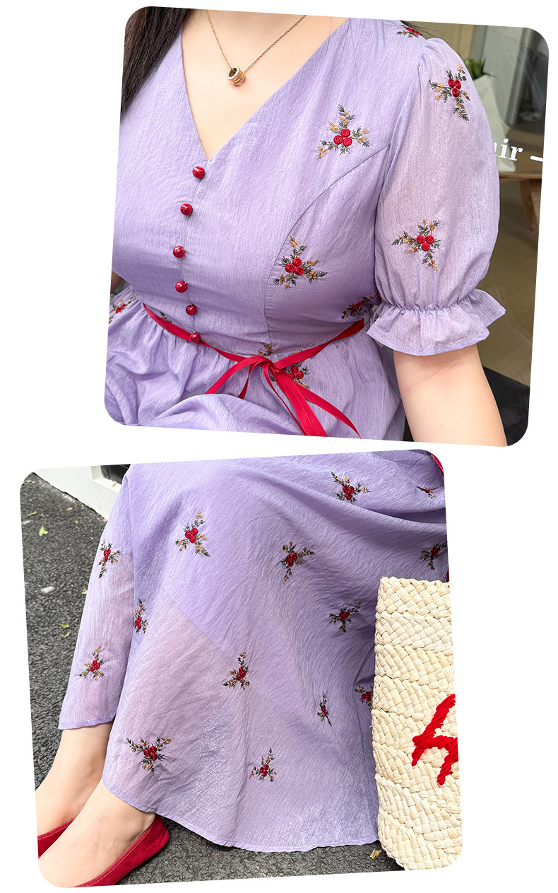 大きいサイズ レディース Vネック刺繍入りリボン花柄ワンピース LL 3L 4L 5L