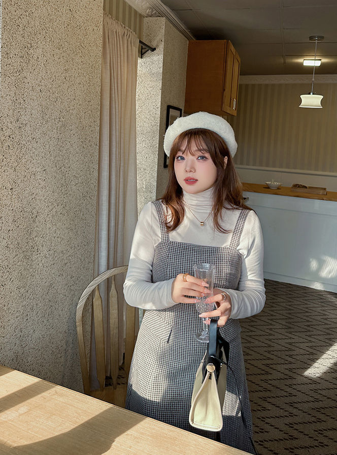 大きいサイズ レディース ハイネックインナーシャツ+サスペンダーワンピース2点セット LL 3L 4L 5L 6L