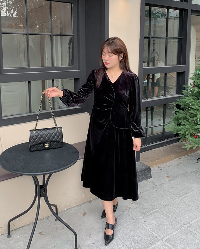 大きいサイズ レディース Vネックラインストーン装飾エレガントベルベットワンピース LL 3L 4L 5L