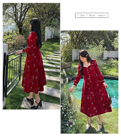 大きいサイズ レディース ビーズ花火柄ベルベットフレンチワンピース LL 3L 4L 5L