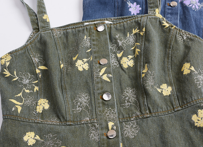 大きいサイズ レディース レトロ花柄デニムキャミソールワンピース LL 3L 4L 5L