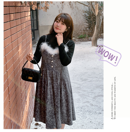 大きいサイズ レディース  ファーベルベットスリップワンピースヴィンテージプリント LL 3L 4L 5L