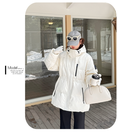 大きいサイズ レディース フード付きロゴ刺繍ワッペンミドル丈ダックダウンジャケット LL 3L