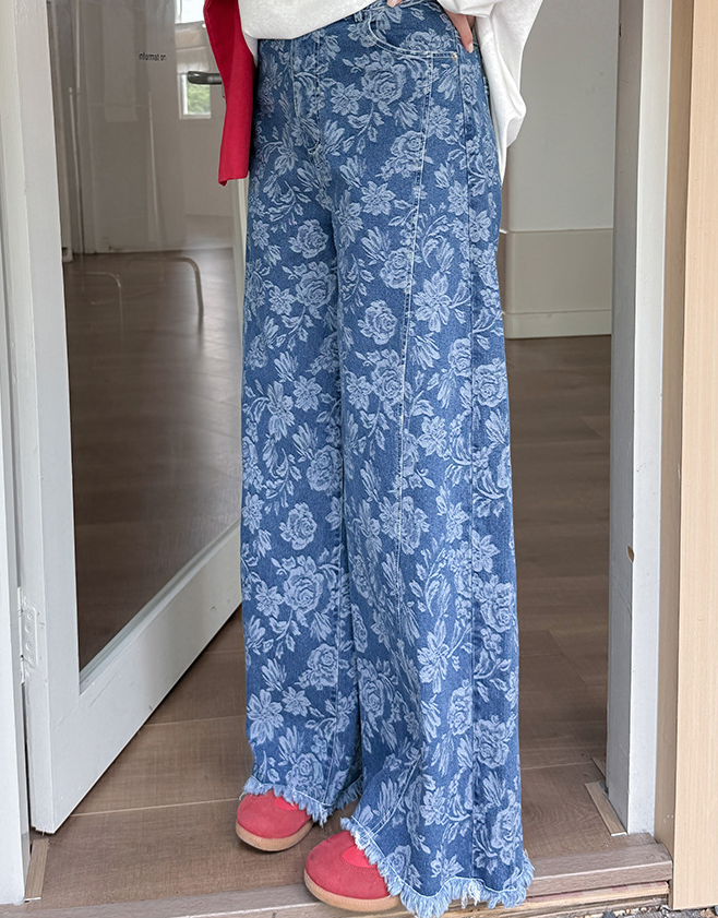 大きいサイズ レディース ヴィンテージ風ジャカードデニムワイドレッグパンツ LL 3L 4L 5L