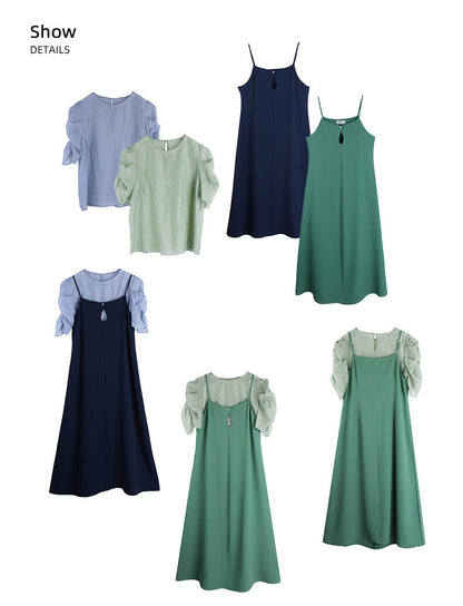 大きいサイズ レディース プリーツパフスリーブブラウス+サスペンダーワンピース LL 3L 4L 5L