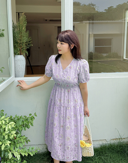 大きいサイズ レディース Vネック花柄ジャカードロングワンピース LL 3L 4L 5L