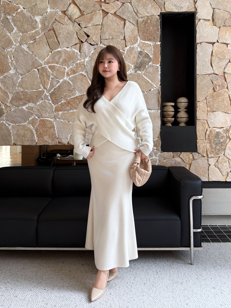大きいサイズ レディース クロスオーバーVネックエレガントスリーピース（セーター+スカート+ショール） L LL 3L 4L F フリーサイズ