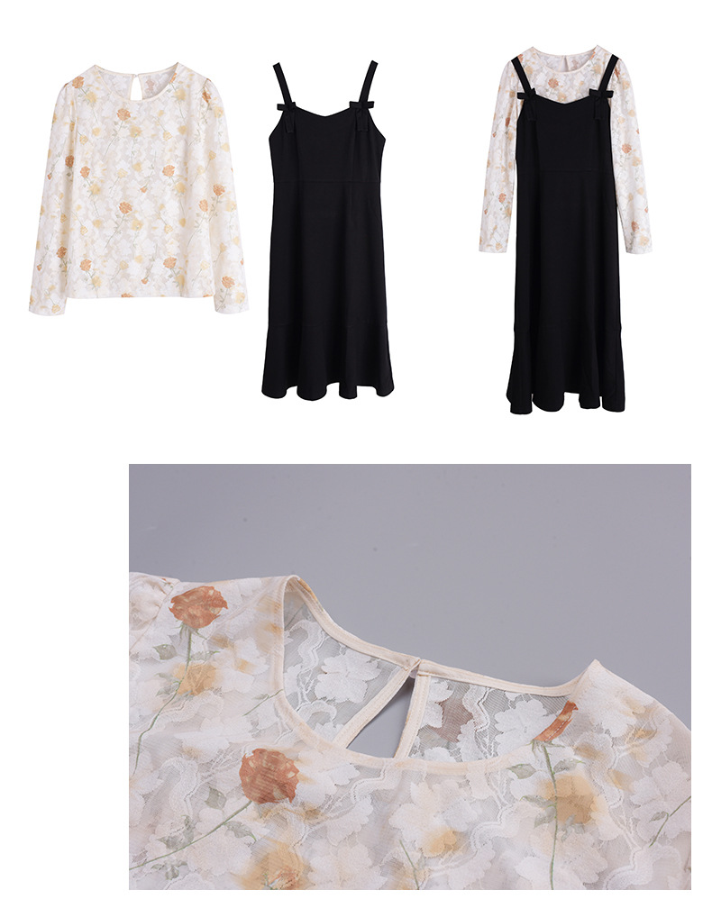 大きいサイズ レディース 花柄レースボトムシャツ+サスペンダースカート2点セット LL 3L 4L 5L