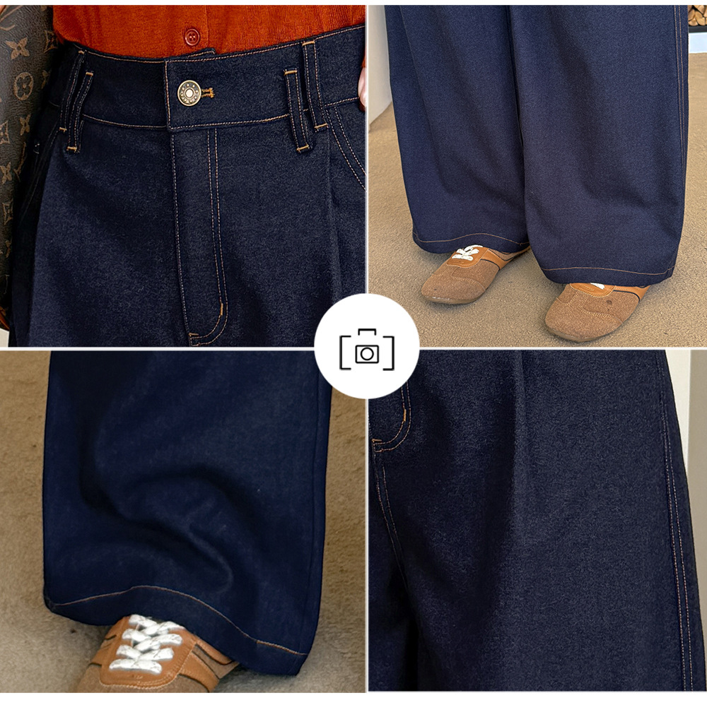 大きいサイズ レディース デニム風プリーツストレートワイドレッグパンツ LL 3L 4L 5L