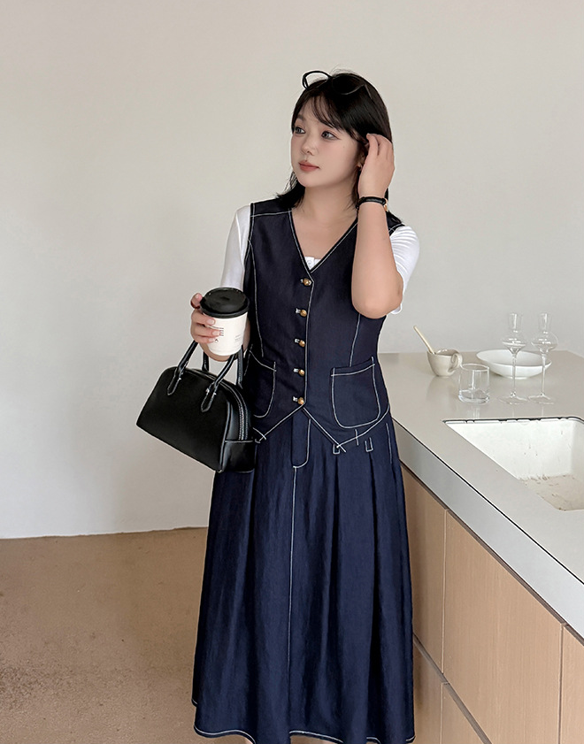 大きいサイズ レディース ネイビーブルーデニムツーピース（ベスト＋スカート） LL 3L 4L 5L
