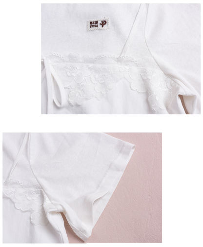 大きいサイズ レディース フェイクレイヤードレースリボンTシャツ LL 3L 4L 5L