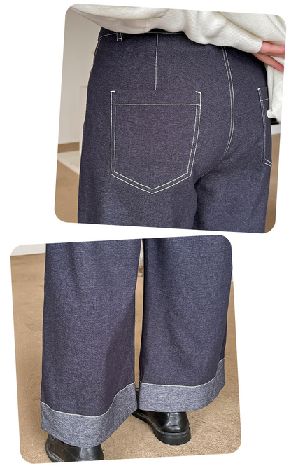 大きいサイズ レディース フェイクデニム折り返しワイドレッグパンツ LL 3L 4L 5L