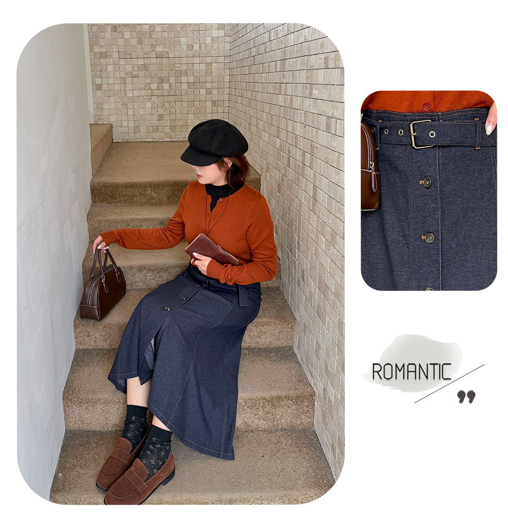 大きいサイズ レディース 起毛フェイクデニムベルト付ボタンダウンロングスカート LL 3L 4L 5L