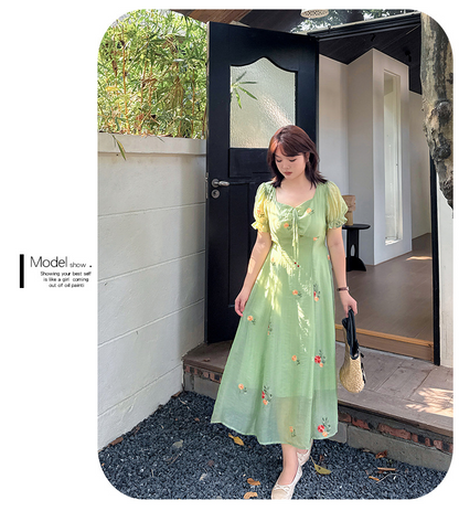 大きいサイズ レディース リボンスクエアネック花柄刺繍ワンピース LL 3L 4L 5L