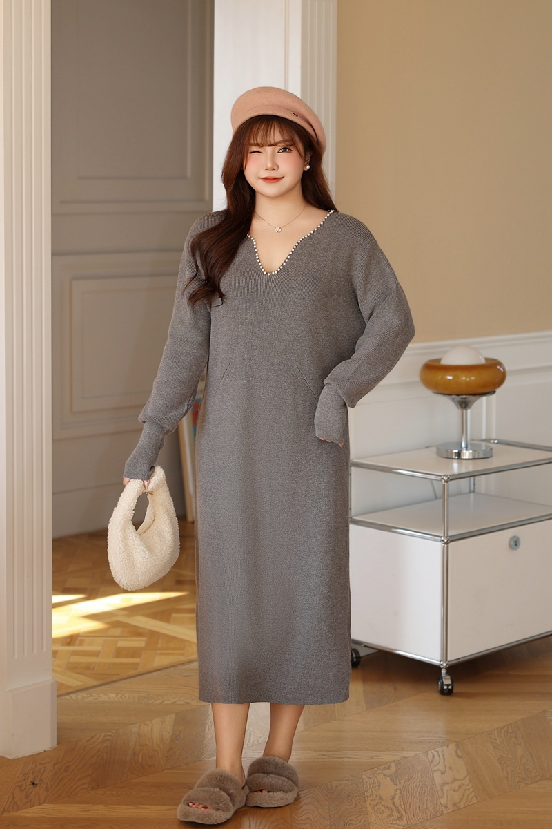 大きいサイズ レディース パールVネックスイートニットフレンチワンピース LL 3L 4L