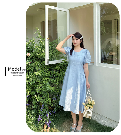 大きいサイズ レディース ラウンドネック無地プリーツワンピース LL 3L 4L 5L