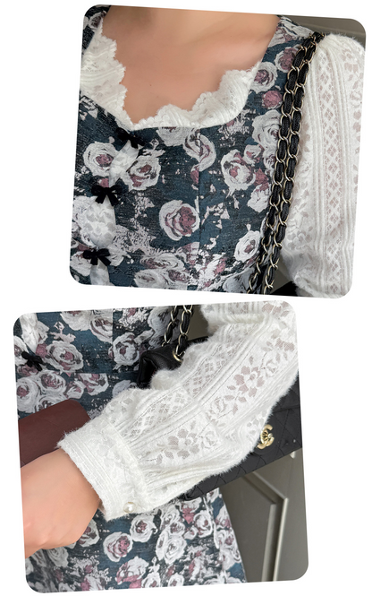 大きいサイズ レディース フレンチレースジャカードパッチワーク花柄ワンピース LL 3L 4L 5L