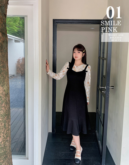 大きいサイズ レディース 花柄レースボトムシャツ+サスペンダースカート2点セット LL 3L 4L 5L