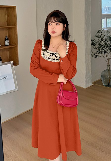 大きいサイズ レディース スクエアネックリボンレースワンピース LL 3L 4L 5L