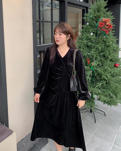 大きいサイズ レディース Vネックラインストーン装飾エレガントベルベットワンピース LL 3L 4L 5L