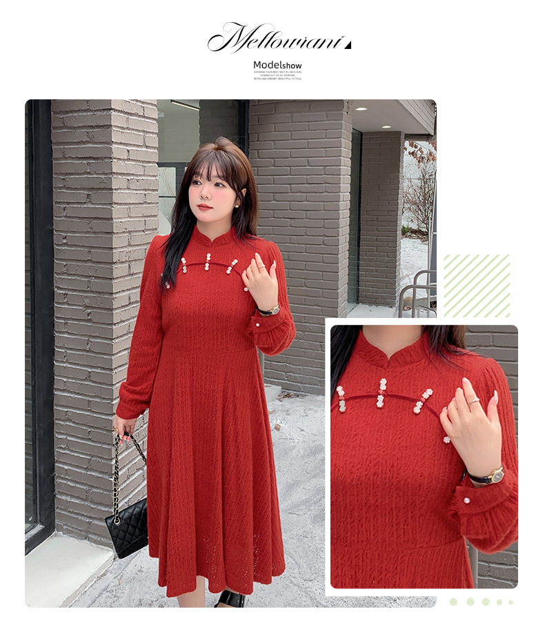 大きいサイズ レディース チャイナ風レトロ花柄ビーズボタンレースワンピース LL 3L 4L 5L