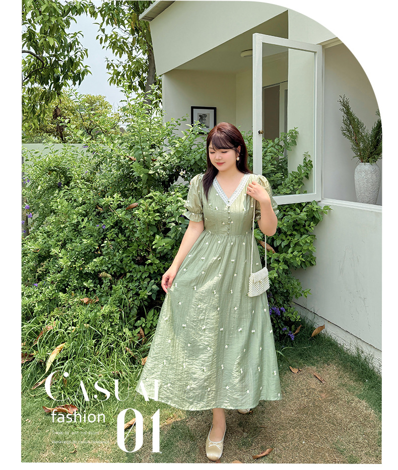 大きいサイズ レディース レースVネックフラワー刺繍ワンピース LL 3L 4L 5L