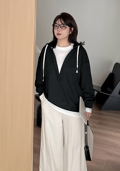 大きいサイズ レディース フード付き厚手フェイクツーピースカジュアルスウェットシャツ LL 3L 4L 5L