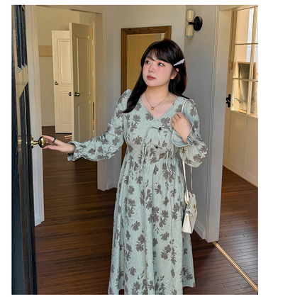 大きいサイズ レディース Vネック花柄プリントチャイナ風レトロワンピース LL 3L 4L 5L