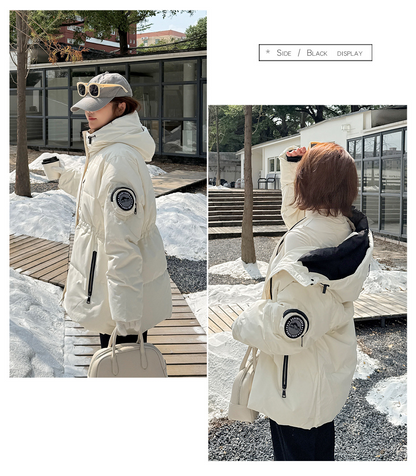 大きいサイズ レディース フード付きロゴ刺繍ワッペンミドル丈ダックダウンジャケット LL 3L