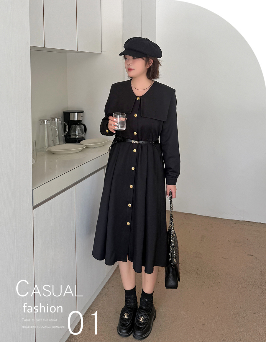 大きいサイズ レディース ビックラペルボタンダウンブラックワンピース（ベルト別売） LL 3L 4L 5L