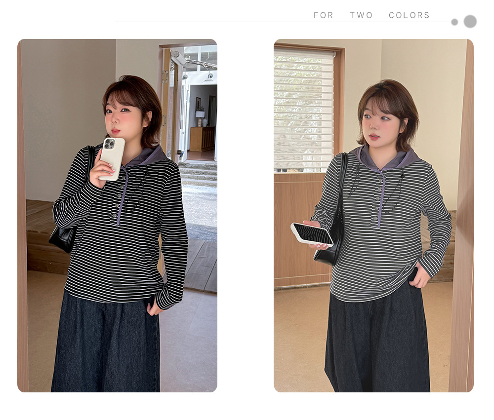 大きいサイズ レディース フード付きストライプ柄ベースレイヤーフリースシャツ LL 3L 4L 5L