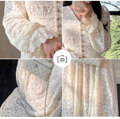 大きいサイズ レディース Vネックビーズボタン花柄レースワンピース LL 3L 4L 5L