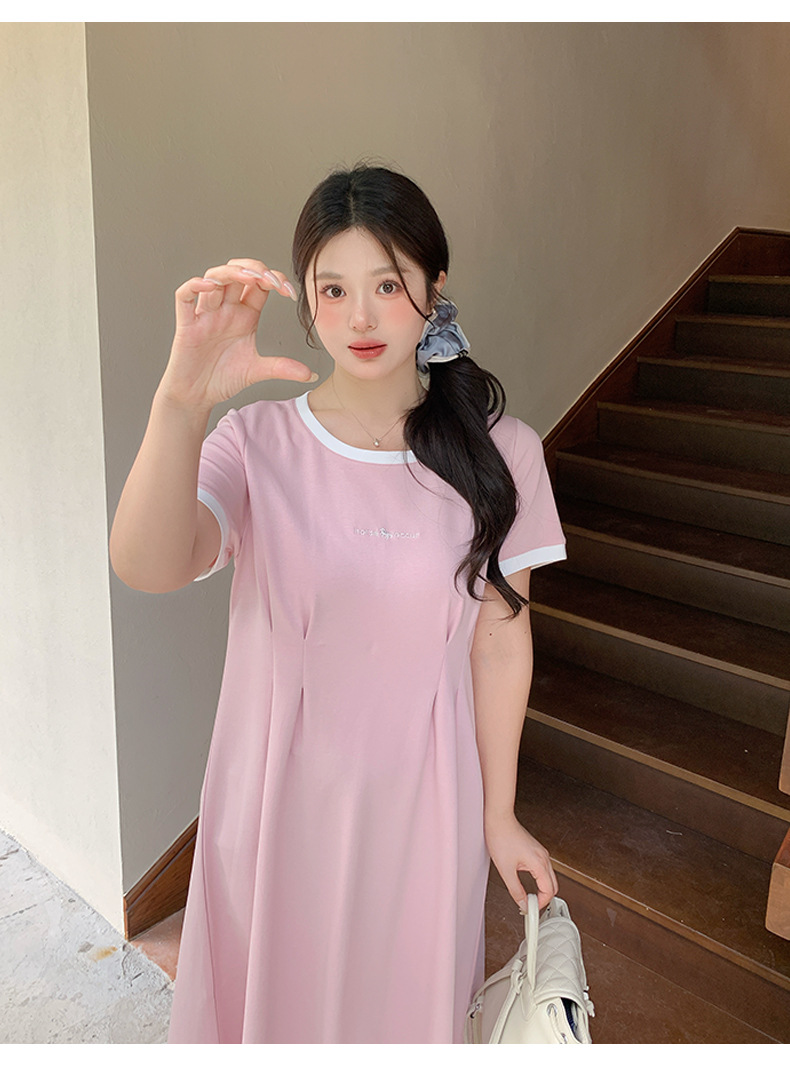 大きいサイズ レディース 配色ロゴウエストタックTシャツワンピース LL 3L 4L 5L 6L