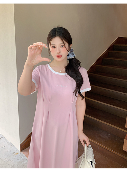 大きいサイズ レディース 配色ロゴウエストタックTシャツワンピース LL 3L 4L 5L 6L